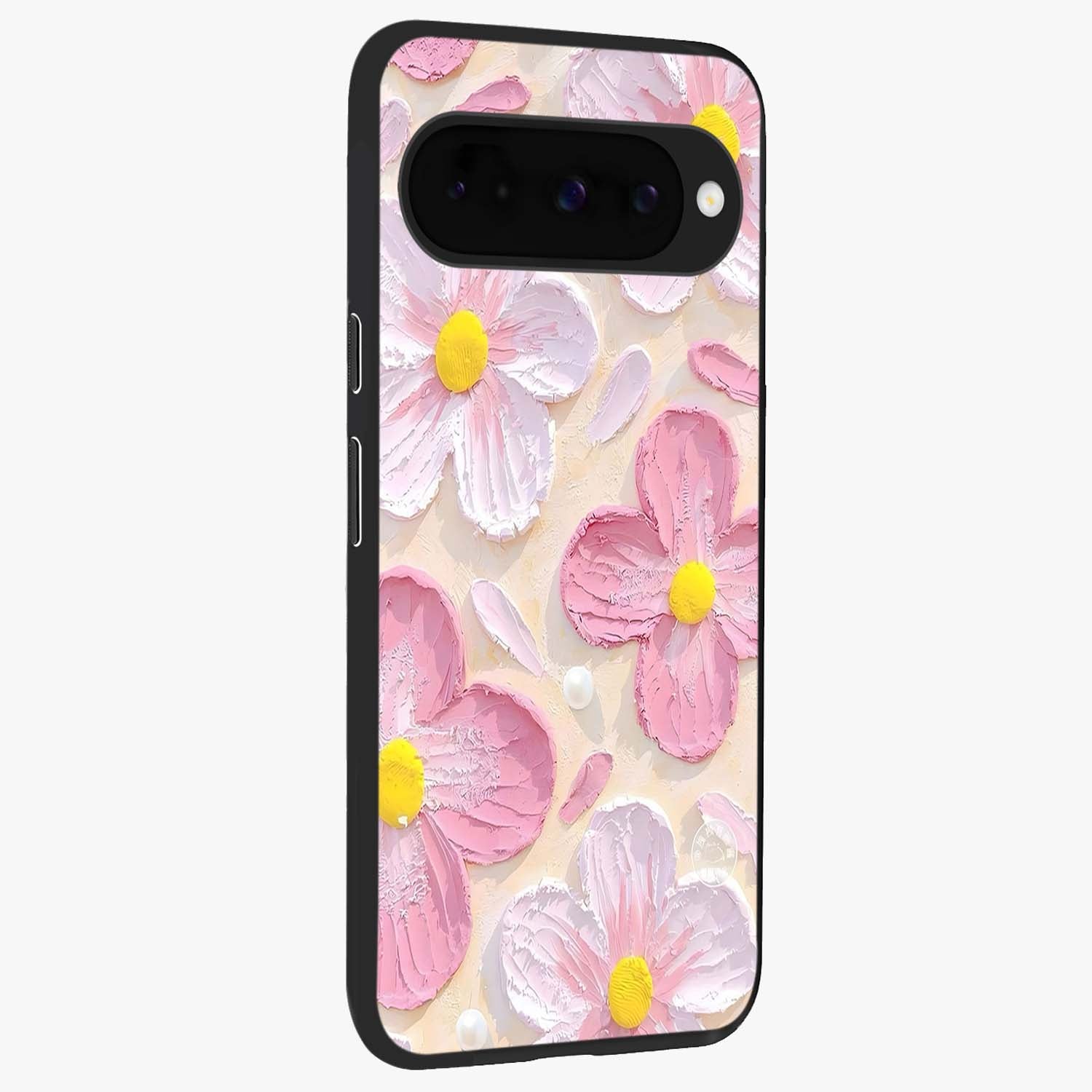Blush Bloom Texture Glass Case upright view showcasing delicate blush floral texture with modern minimal style.