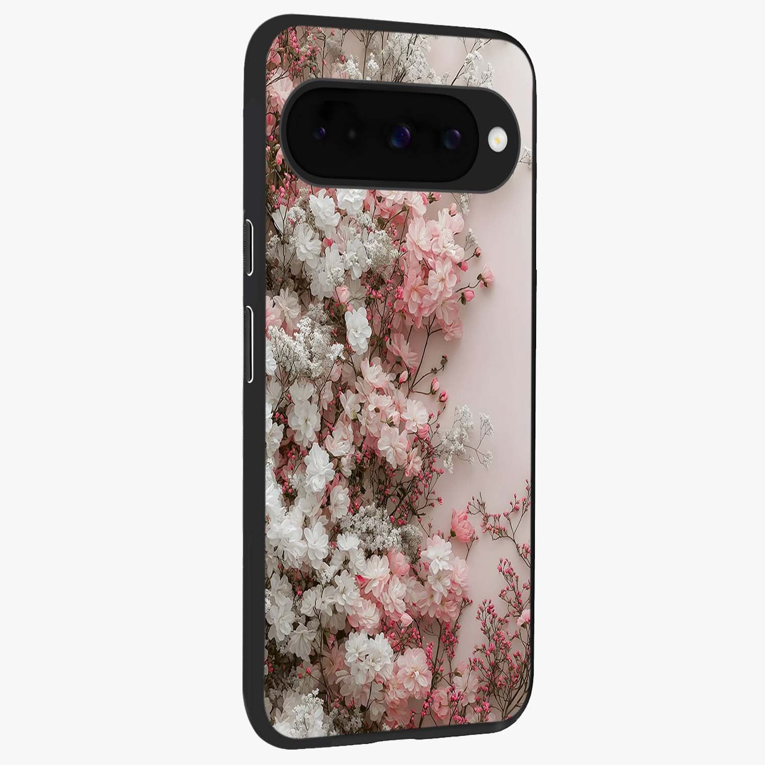 Blush Blossom Cloud Glass Case upright view showcasing calm floral cloud artwork with gentle dreamy theme.
