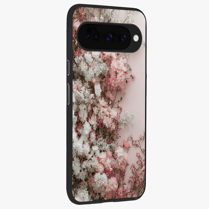 Blush Blossom Cloud Glass Case upright view showcasing calm floral cloud artwork with gentle dreamy theme.