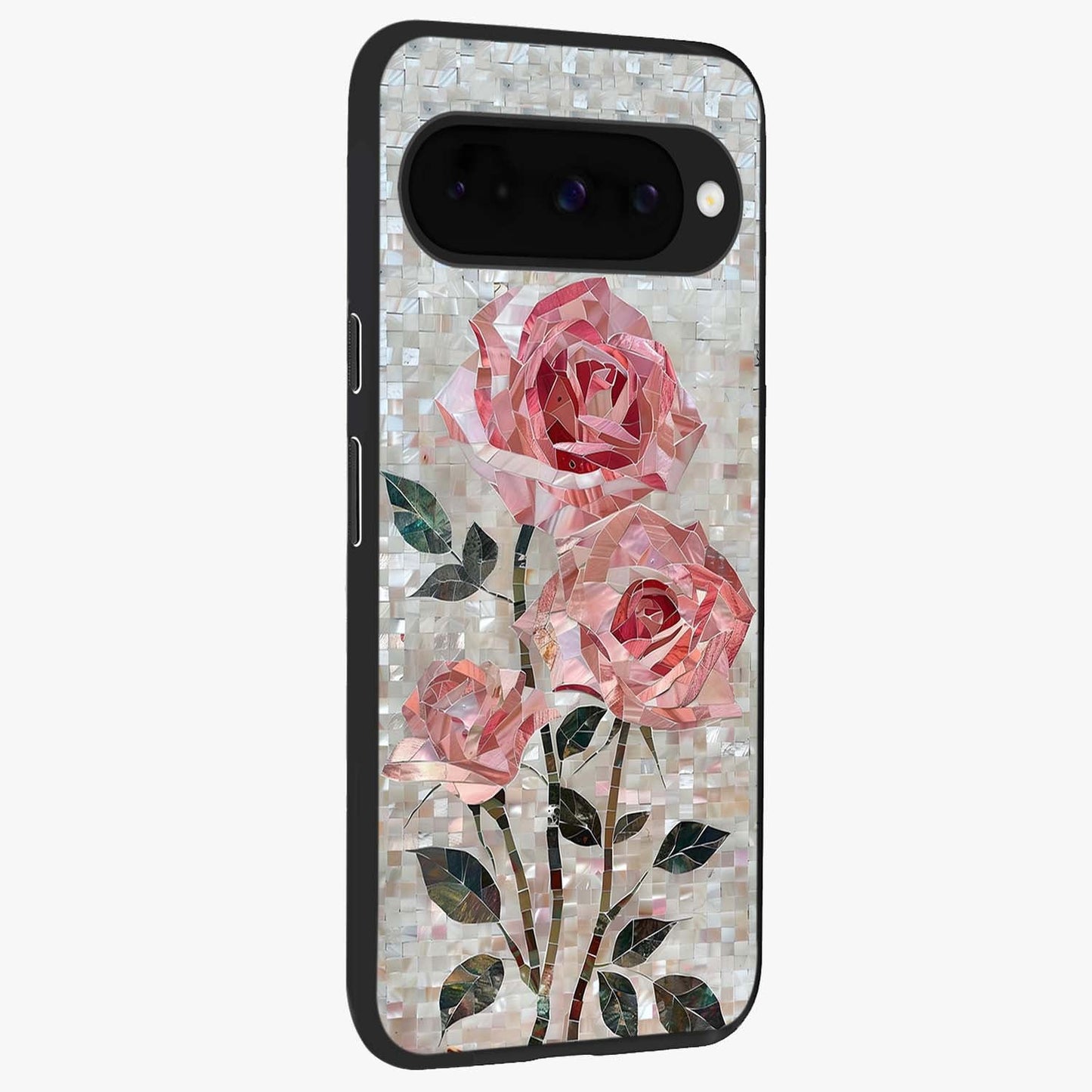 Blush Mosaic Bloom Glass Case upright view showcasing decorative floral mosaic artwork with stylish modern aesthetic.