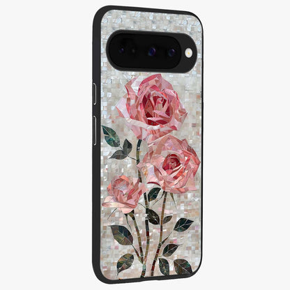Blush Mosaic Bloom Glass Case upright view showcasing decorative floral mosaic artwork with stylish modern aesthetic.