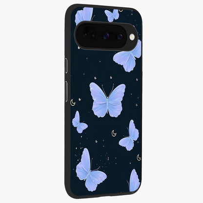 Butterfly With Stars Pattern Glass Case upright view showcasing celestial butterfly artwork with sparkling star elements.