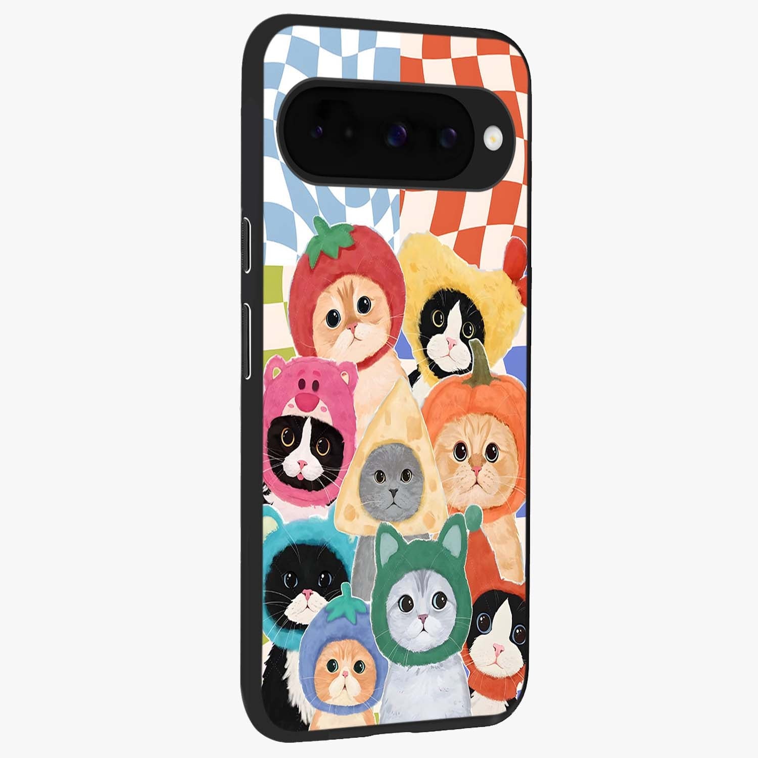 Cats in Fruits Glass Case upright view showcasing charming cat artwork with fun fruity theme.