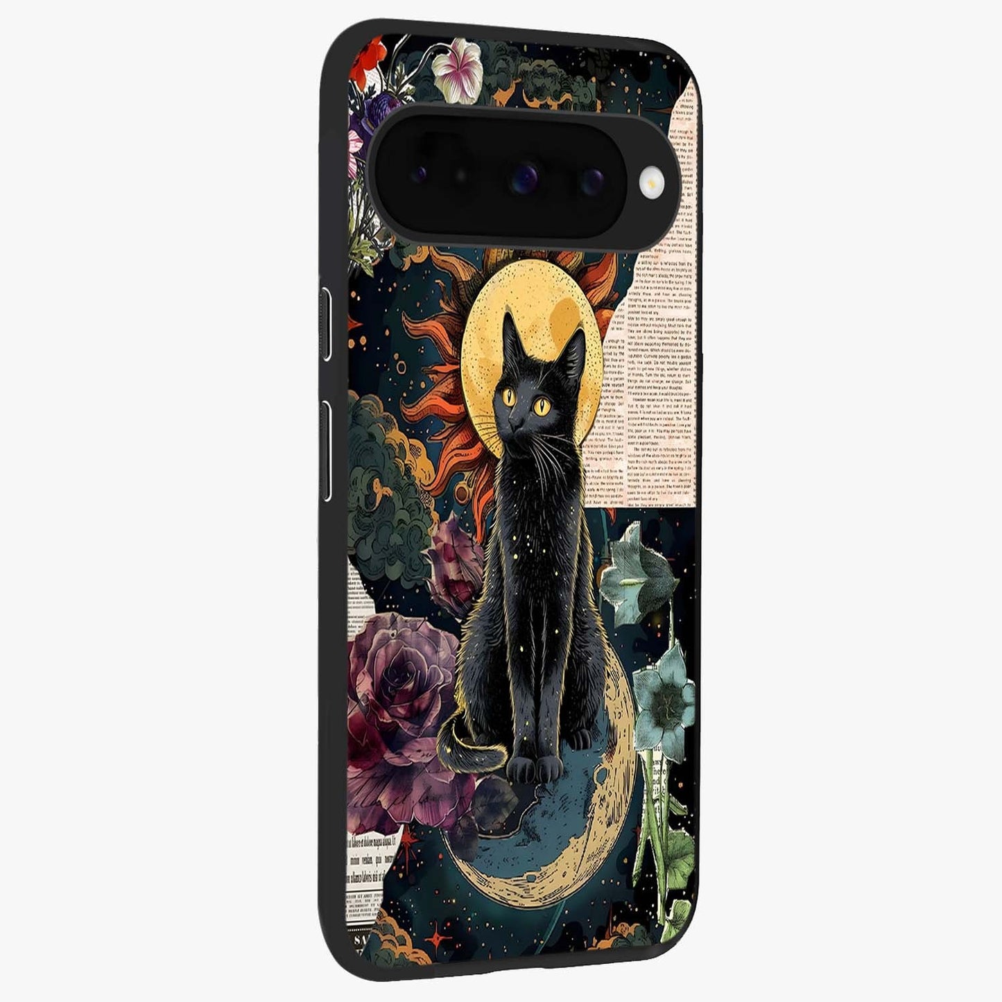 Celestial Black Cat Glass Case upright view showcasing magical black cat illustration with starry cosmic theme.