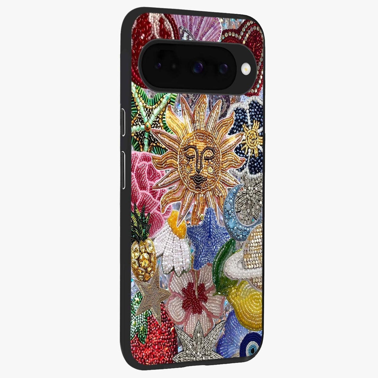 Celestial Floral and Playful Glass Case upright view showcasing whimsical floral artwork with cosmic aesthetic theme.