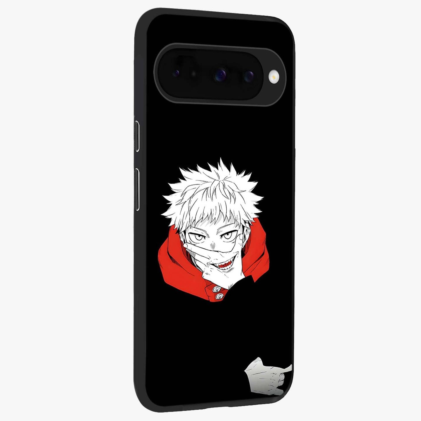 Crimson Chaos Smile Glass Case upright view showcasing expressive chaotic artwork with striking visual theme.