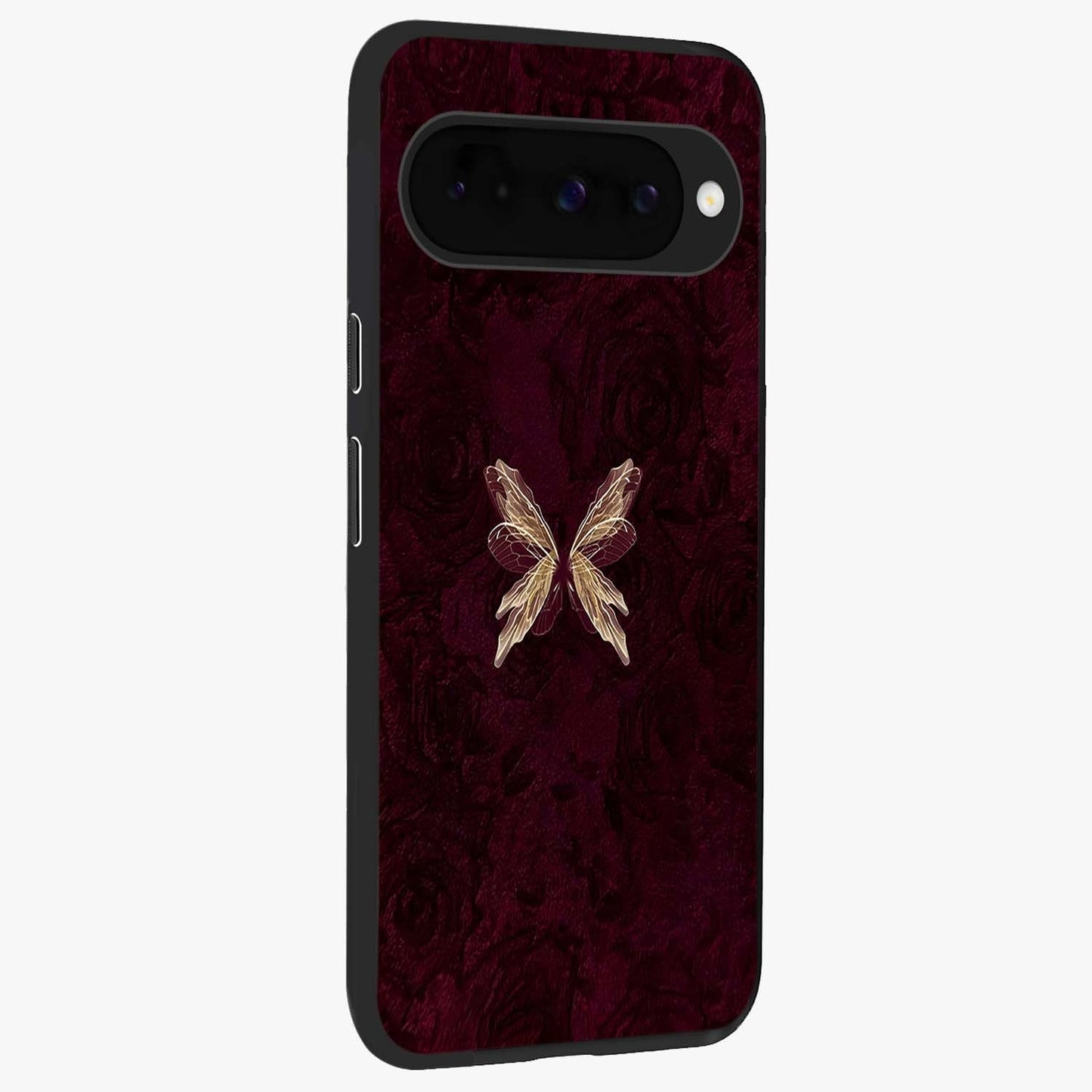 Crimson Fade Butterfly Glass Case upright view showcasing graceful butterfly artwork with soft crimson fade effect.