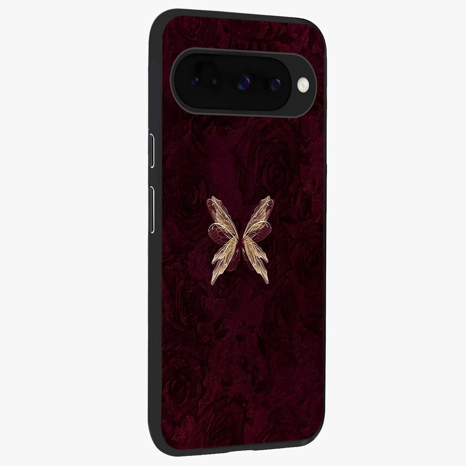 Crimson Fade Butterfly Glass Case upright view showcasing graceful butterfly artwork with soft crimson fade effect.
