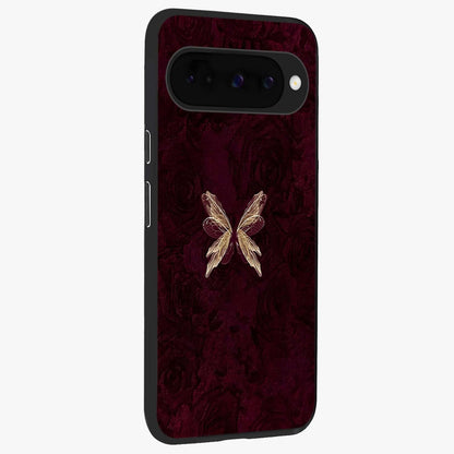 Crimson Fade Butterfly Glass Case upright view showcasing graceful butterfly artwork with soft crimson fade effect.