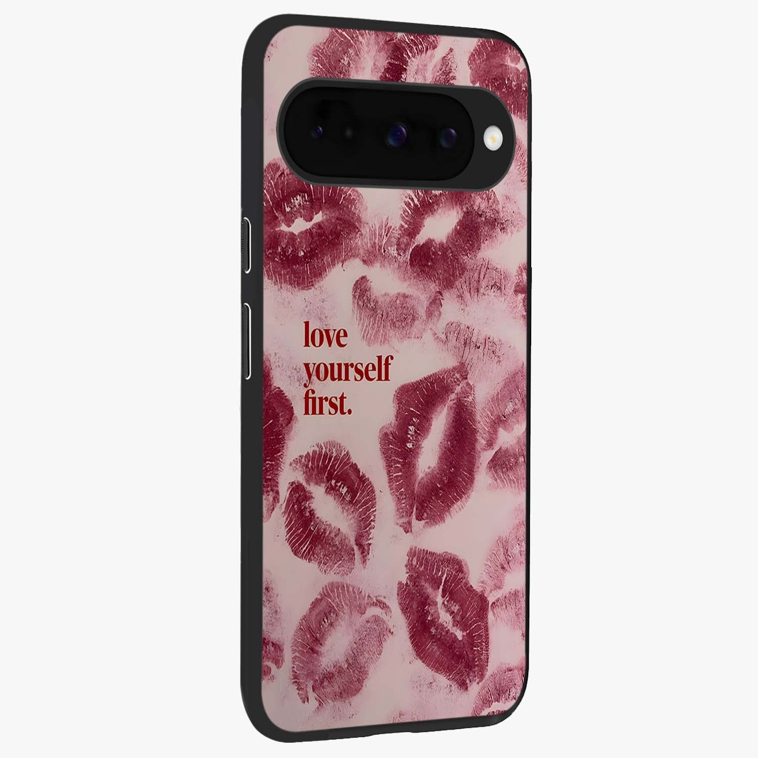 Crimson Kiss Love Glass Case upright view showcasing expressive romantic artwork with deep crimson theme.