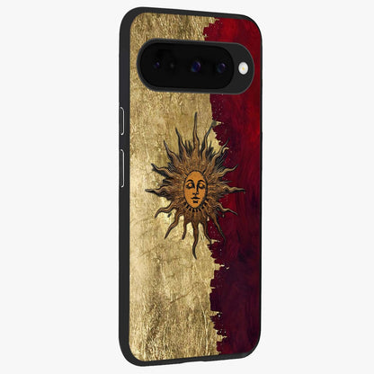 Crimson Sun Majesty Glass Case upright view showcasing vibrant sun artwork with powerful celestial theme.