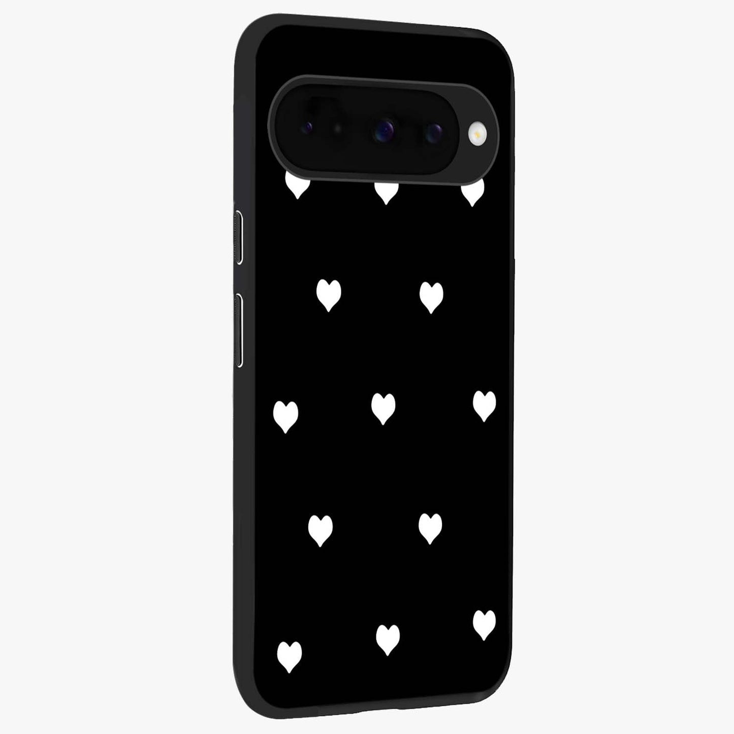 Cute And Simple White Hearts Glass Case upright view showcasing simple white hearts artwork with soft minimal theme.