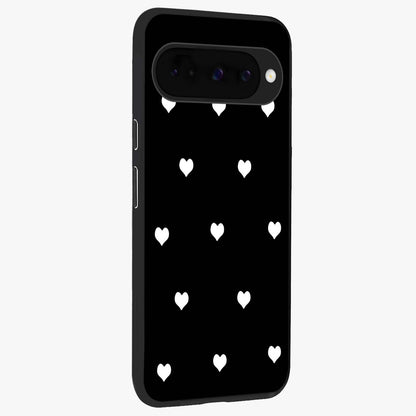 Cute And Simple White Hearts Glass Case upright view showcasing simple white hearts artwork with soft minimal theme.