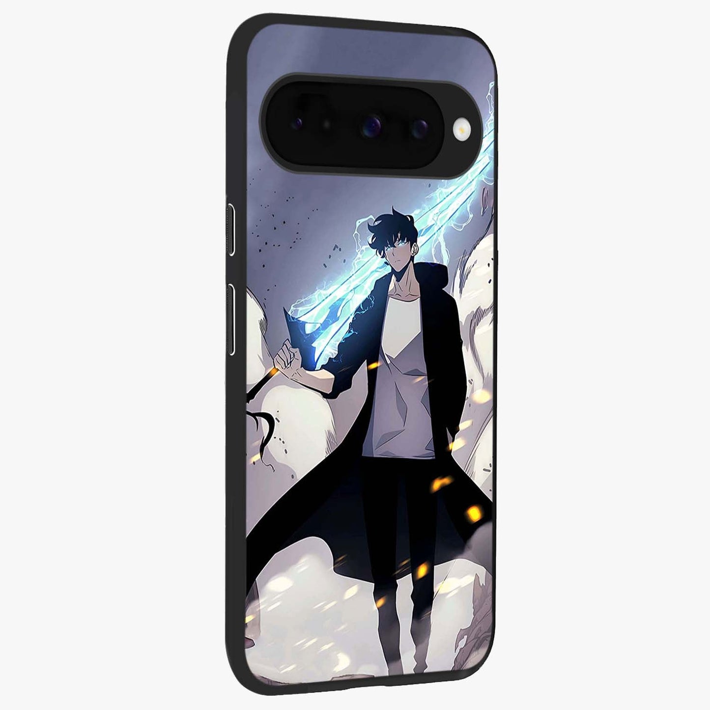 Dark Lightning Anime Warrior Glass Case upright view showcasing dramatic warrior artwork with dark lightning aesthetic.