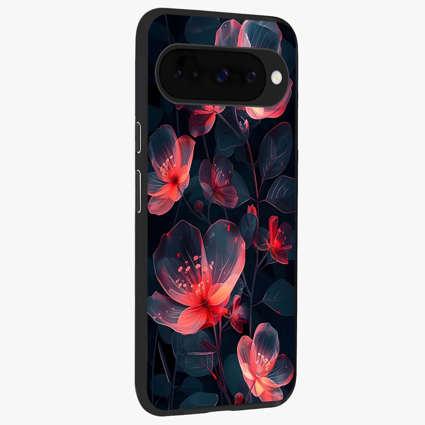 Dark Shade of Flower Glass Case upright view showcasing delicate flower artwork with rich dark floral theme.