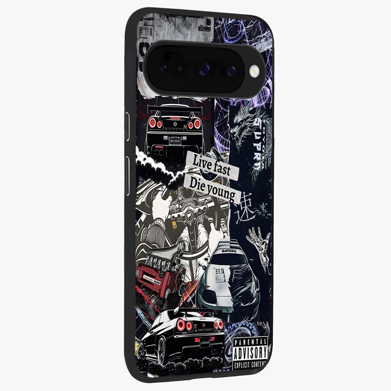 Die Young Glass Case upright view showcasing striking typography artwork with modern statement theme.