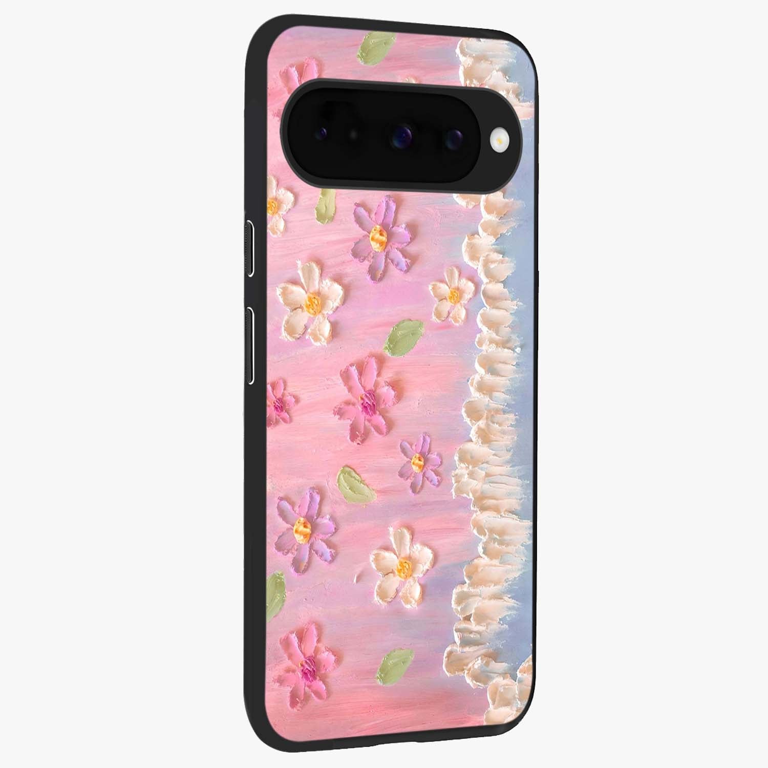 Dreamy Painted Garden Glass Case upright view showcasing vibrant floral garden artwork with artistic nature theme.