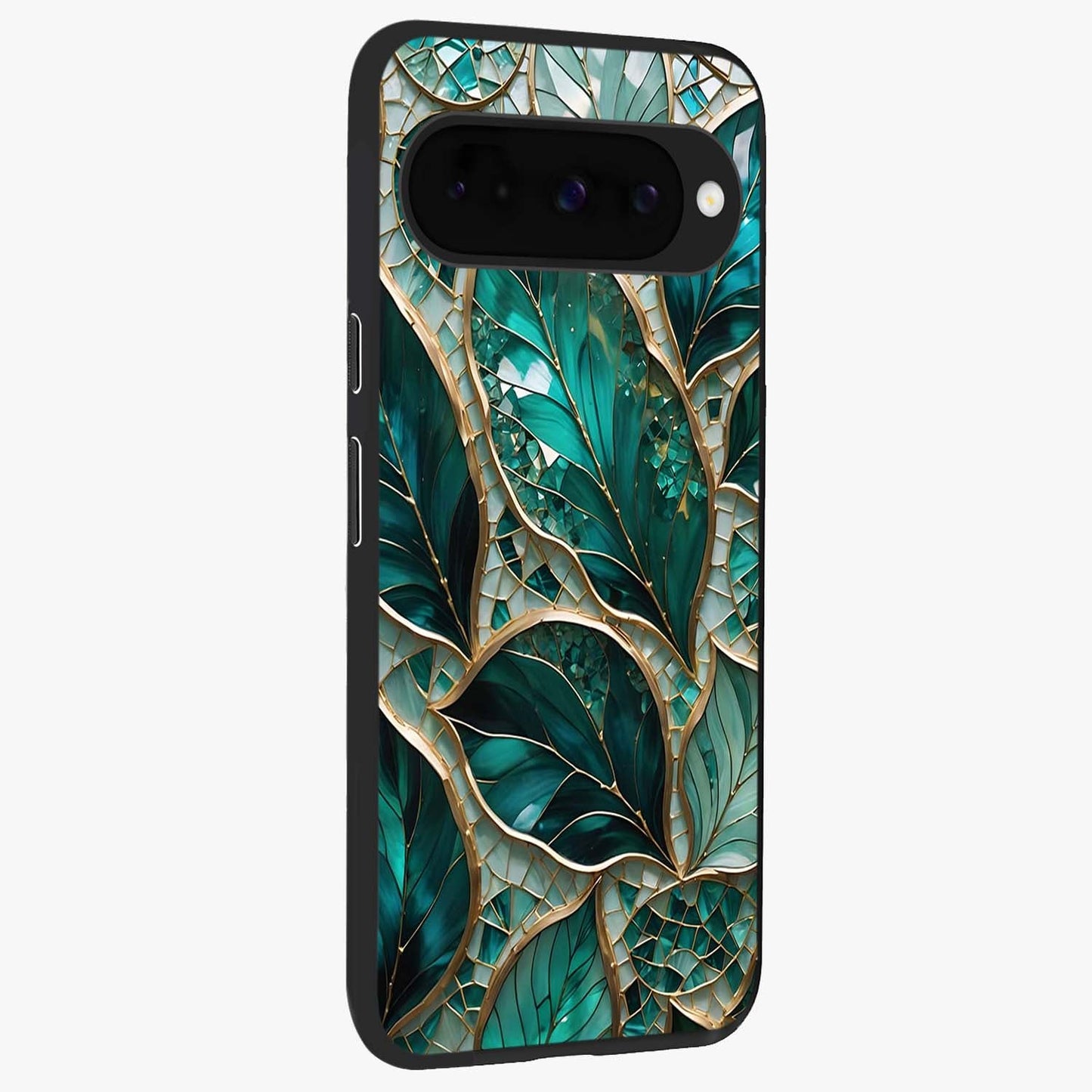 Emerald Leaf Glass Glass Case upright view showcasing fresh green leaf artwork with calming nature inspired style.