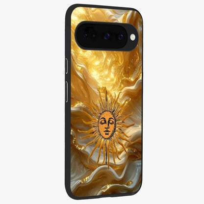 Eternal Golden Glow Glass Case upright view showcasing luminous golden artwork with luxurious visual theme.