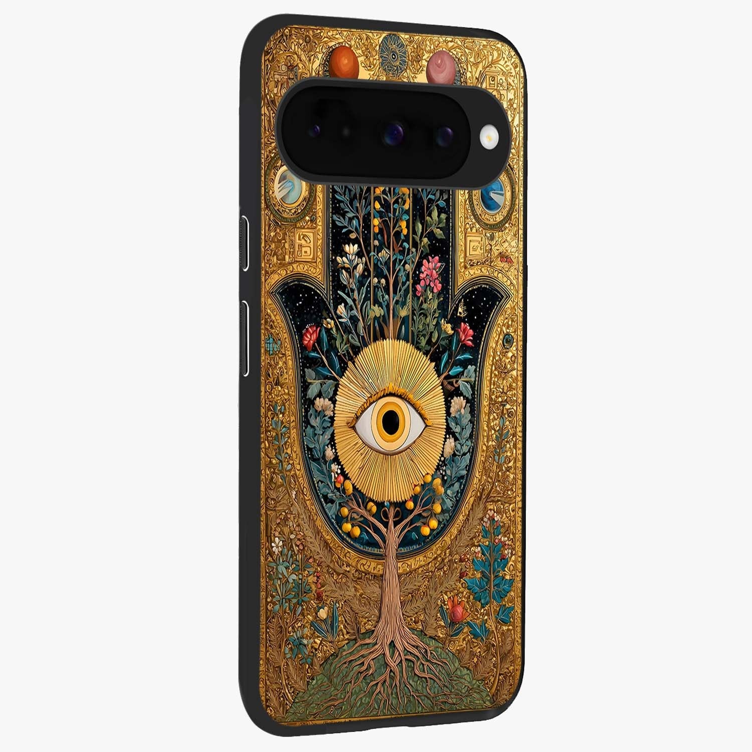 Ethereal Evil Eye Glass Case upright view showcasing celestial evil eye artwork with mystical theme.