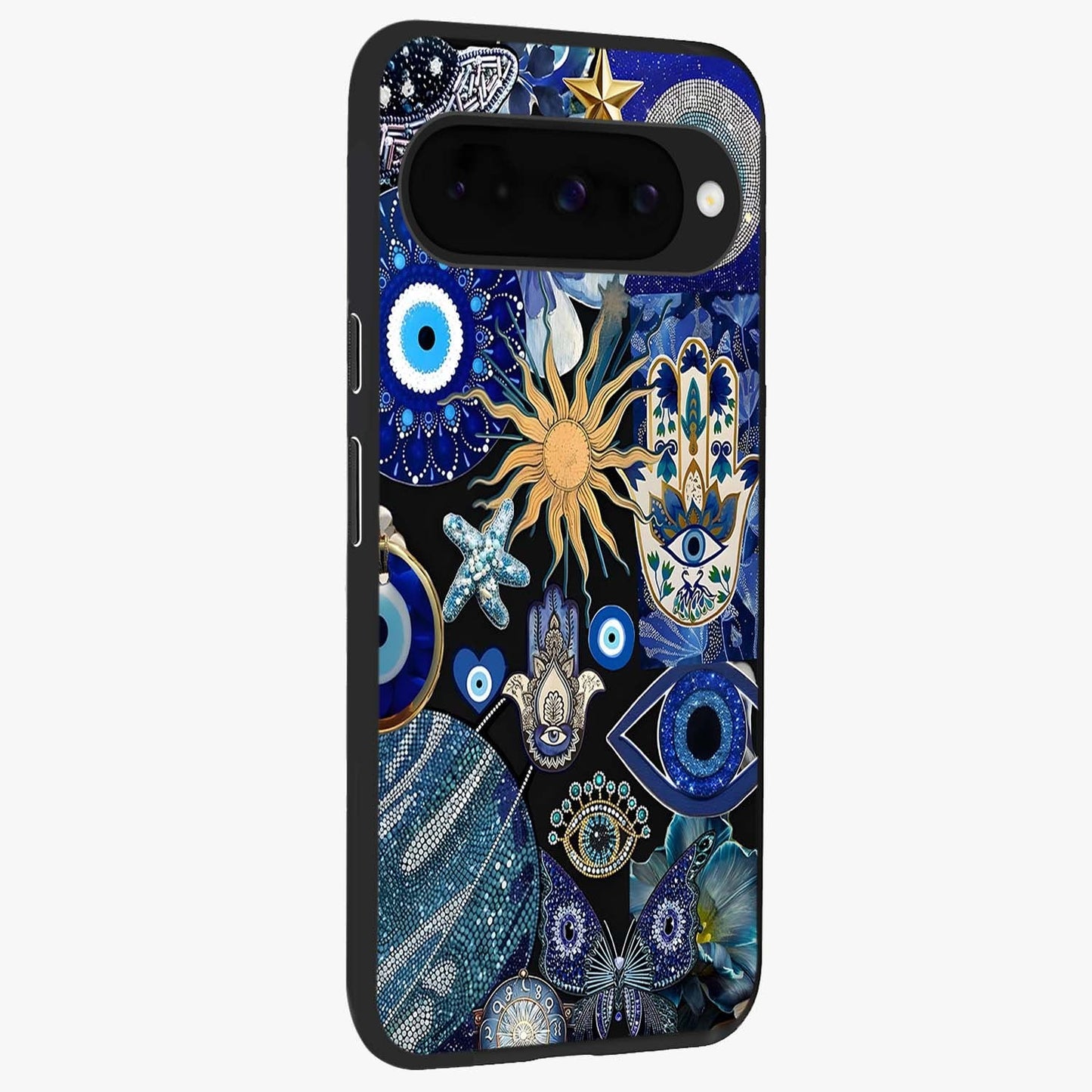 Evil Eye Charm Mix Glass Case upright view showcasing mystical evil eye pattern with vibrant decorative style.