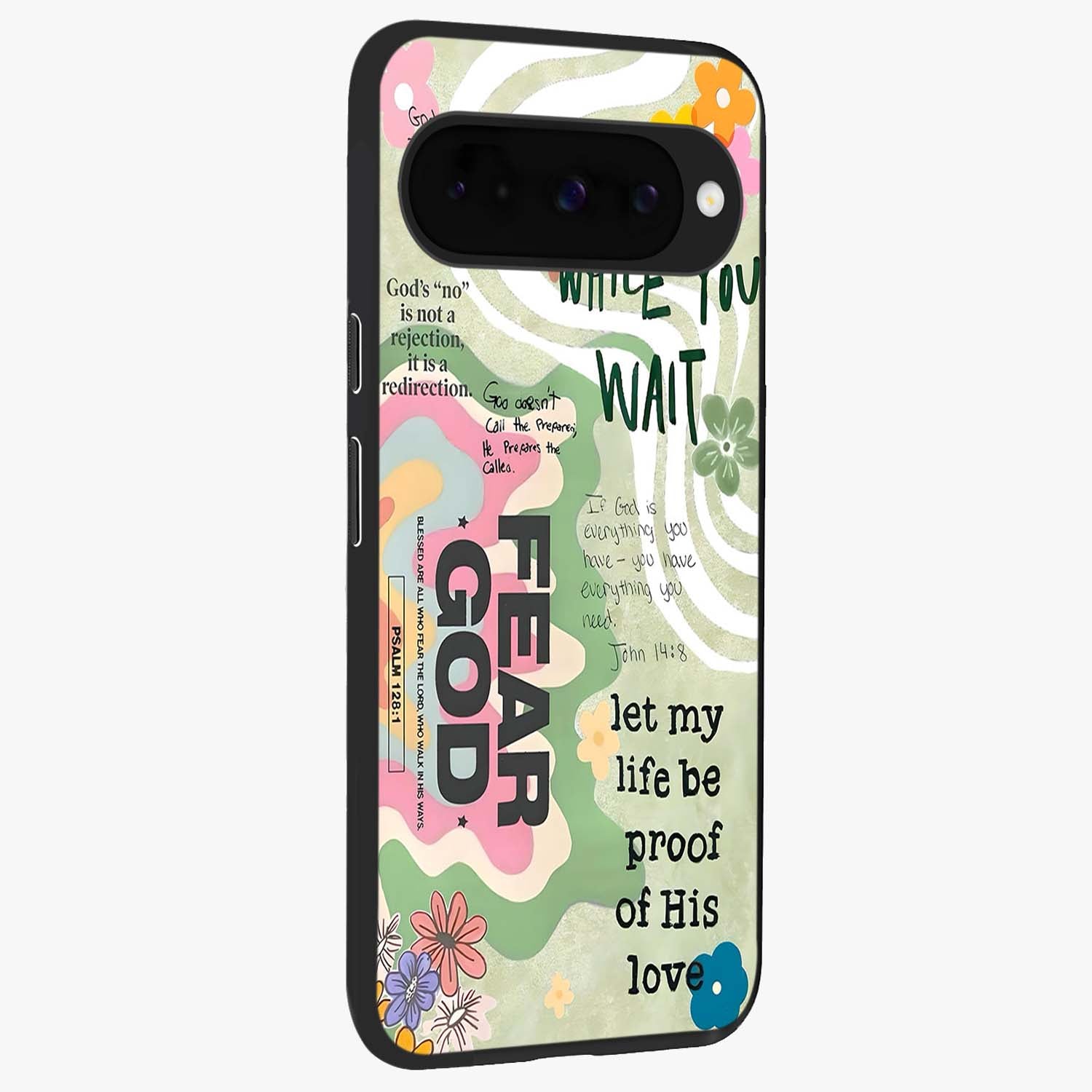 Faith Over Fear Glass Case upright view showcasing bold typography artwork with uplifting motivational theme.