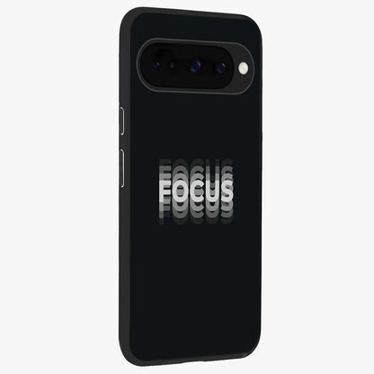 Focus Mode On Glass Case upright view showcasing strong typography statement with sleek motivational theme.