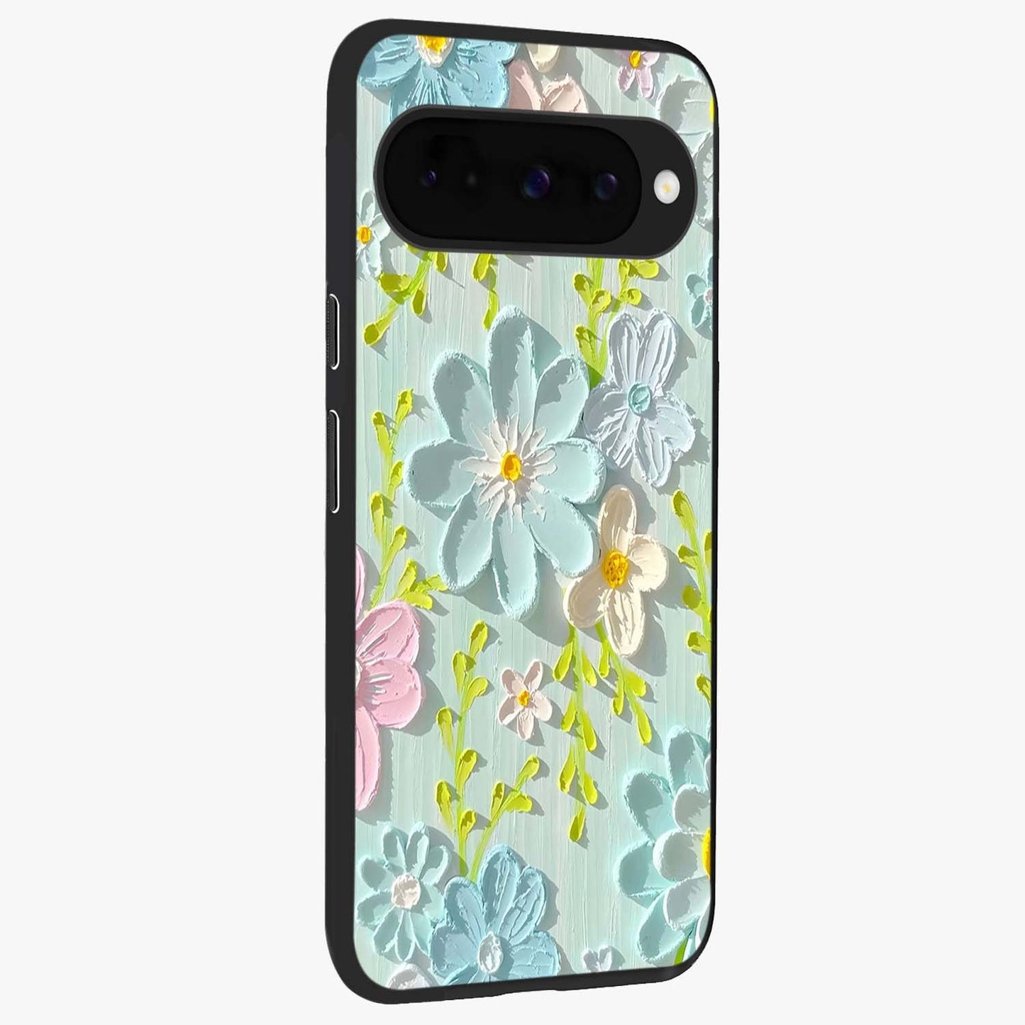 Frosted Petal Garden Glass Case upright view showcasing elegant floral garden artwork with soothing pastel theme.