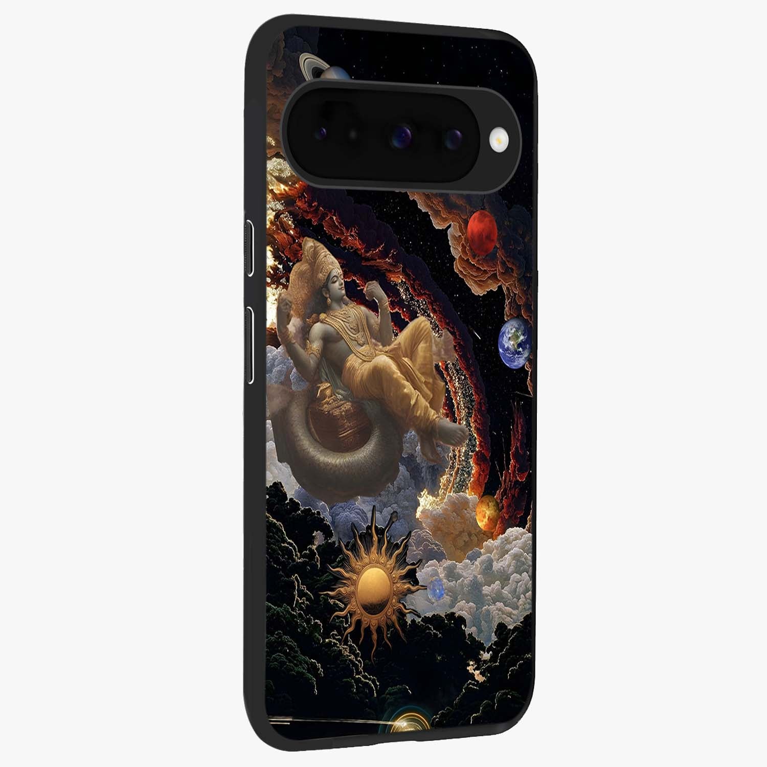 Galactic Divine God Glass Case upright view showcasing mystical divine artwork with dramatic cosmic theme.