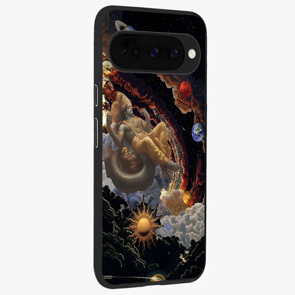 Galactic Divine God Glass Case upright view showcasing mystical divine artwork with dramatic cosmic theme.