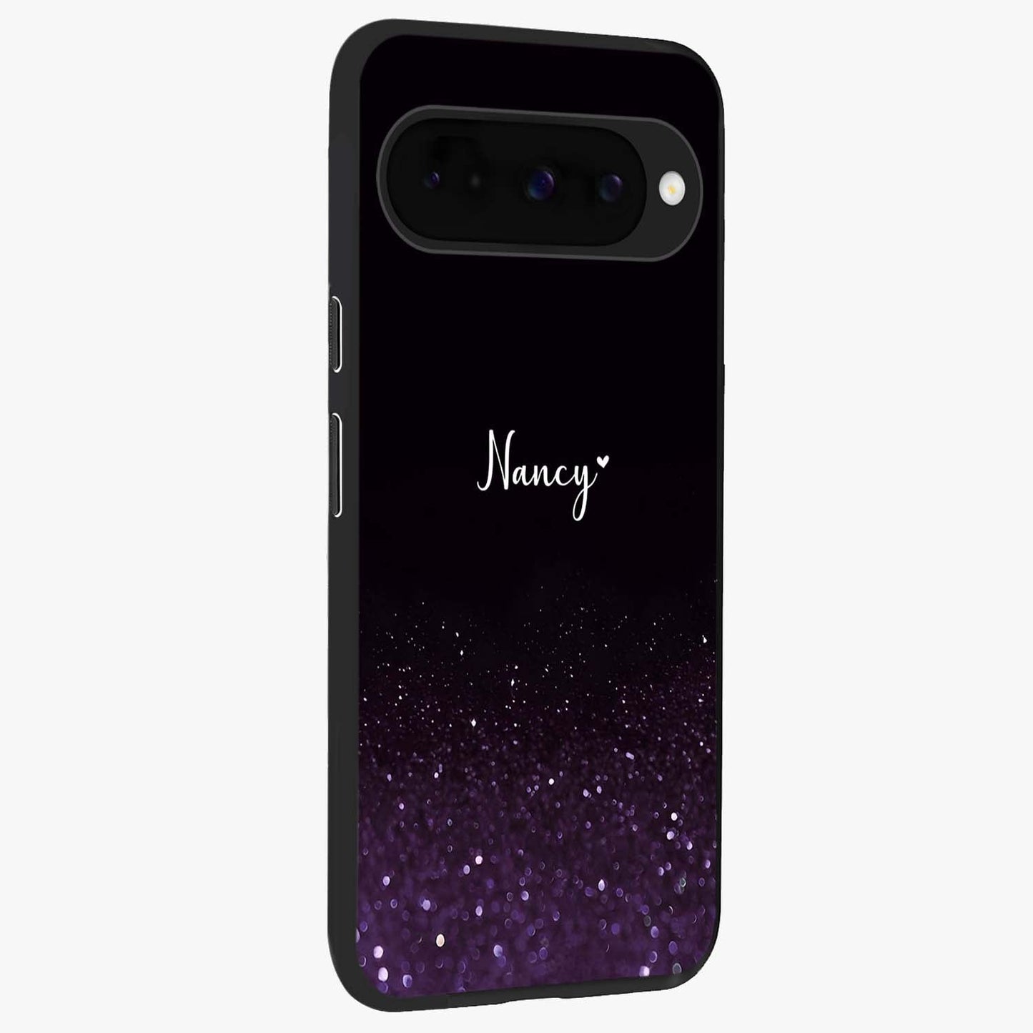 Glittery Purple Bokeh Custom Name Glass Case upright view showcasing vibrant purple sparkle artwork with personalized aesthetic style.