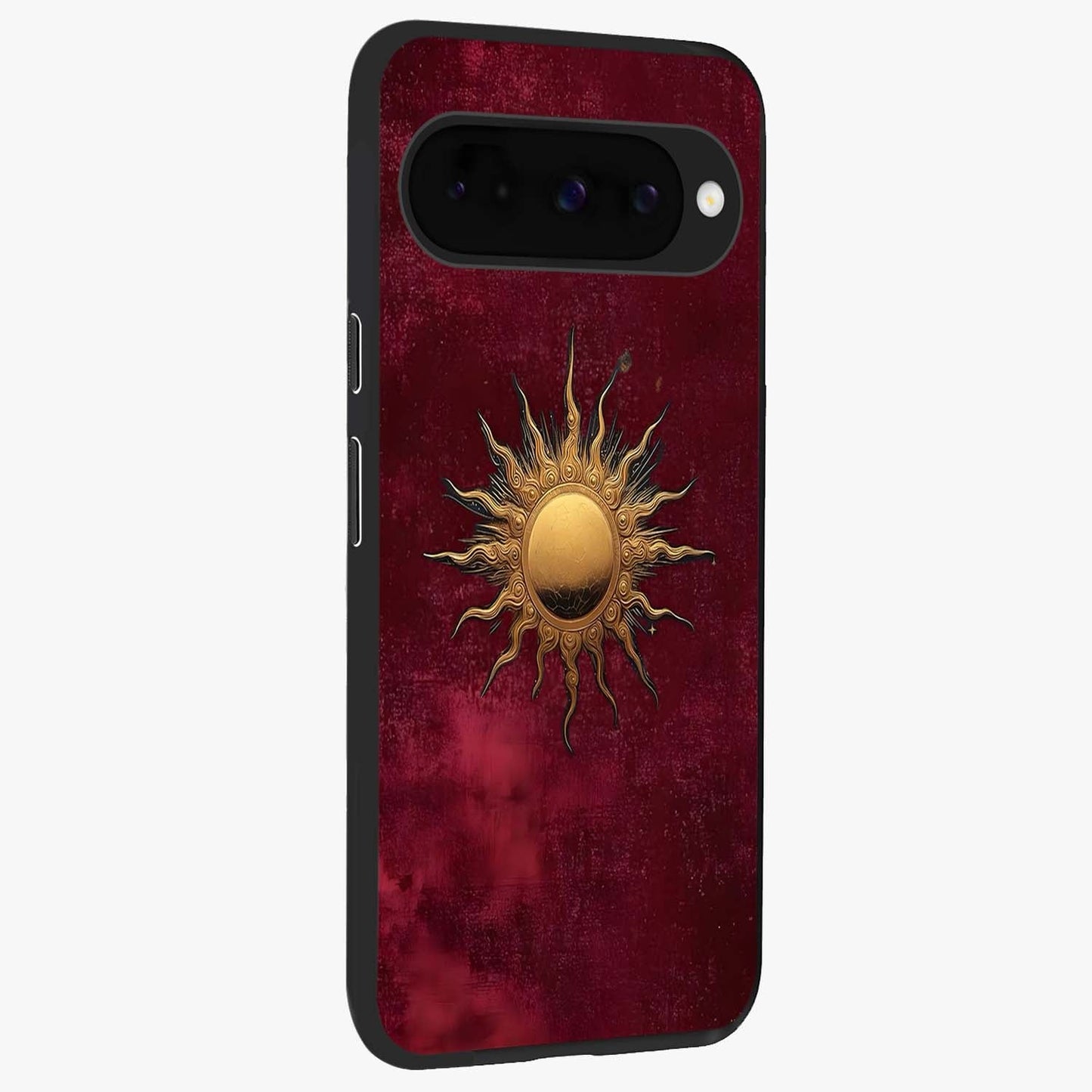 Golden Sun Minimalism Glass Case upright view showcasing simple golden sun artwork with elegant minimalist style.