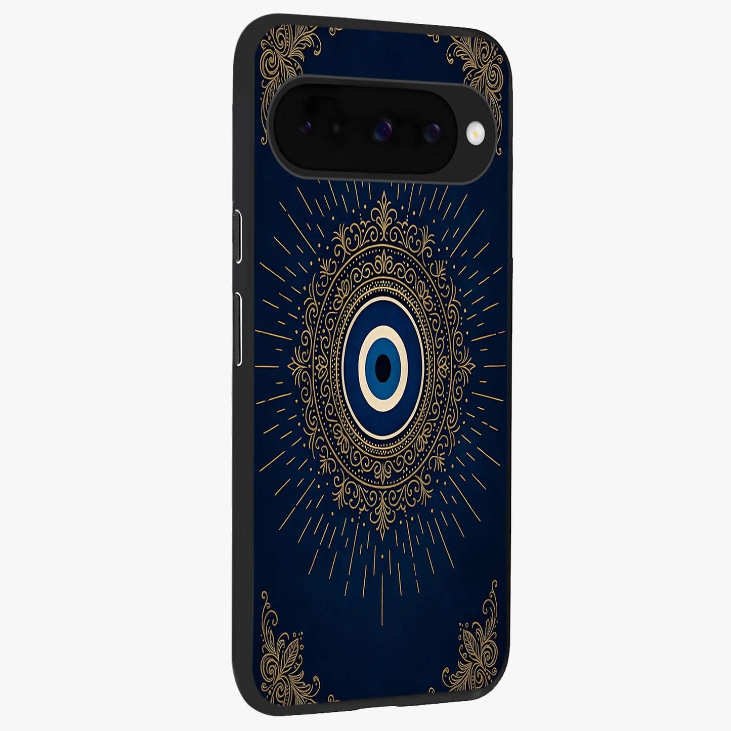 Golden Celestial Charm Glass Case upright view showcasing radiant celestial artwork with elegant golden theme.