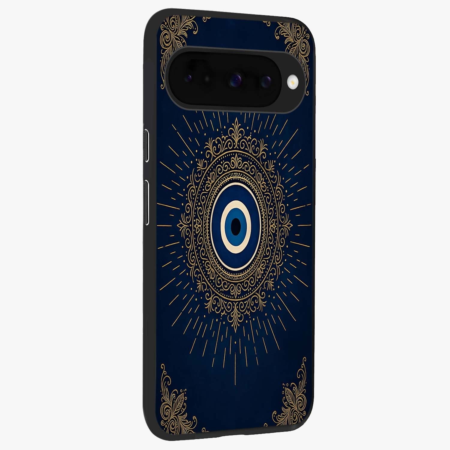 Golden Celestial Charm Glass Case upright view showcasing radiant celestial artwork with elegant golden theme.