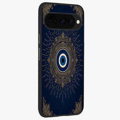 Golden Celestial Charm Glass Case upright view showcasing radiant celestial artwork with elegant golden theme.