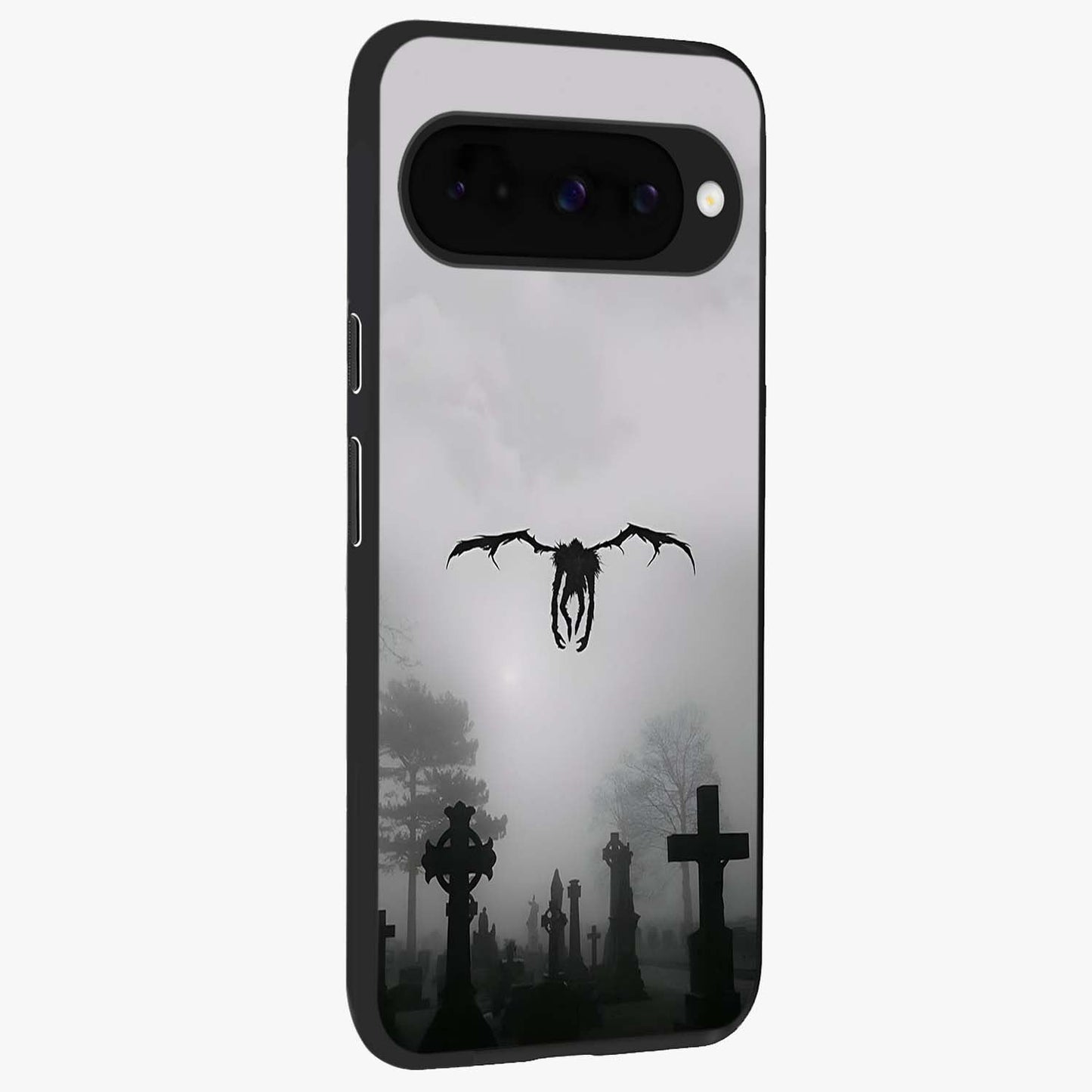 Graveyard Shadow Descent Glass Case upright view showcasing haunting graveyard artwork with dramatic dark theme.