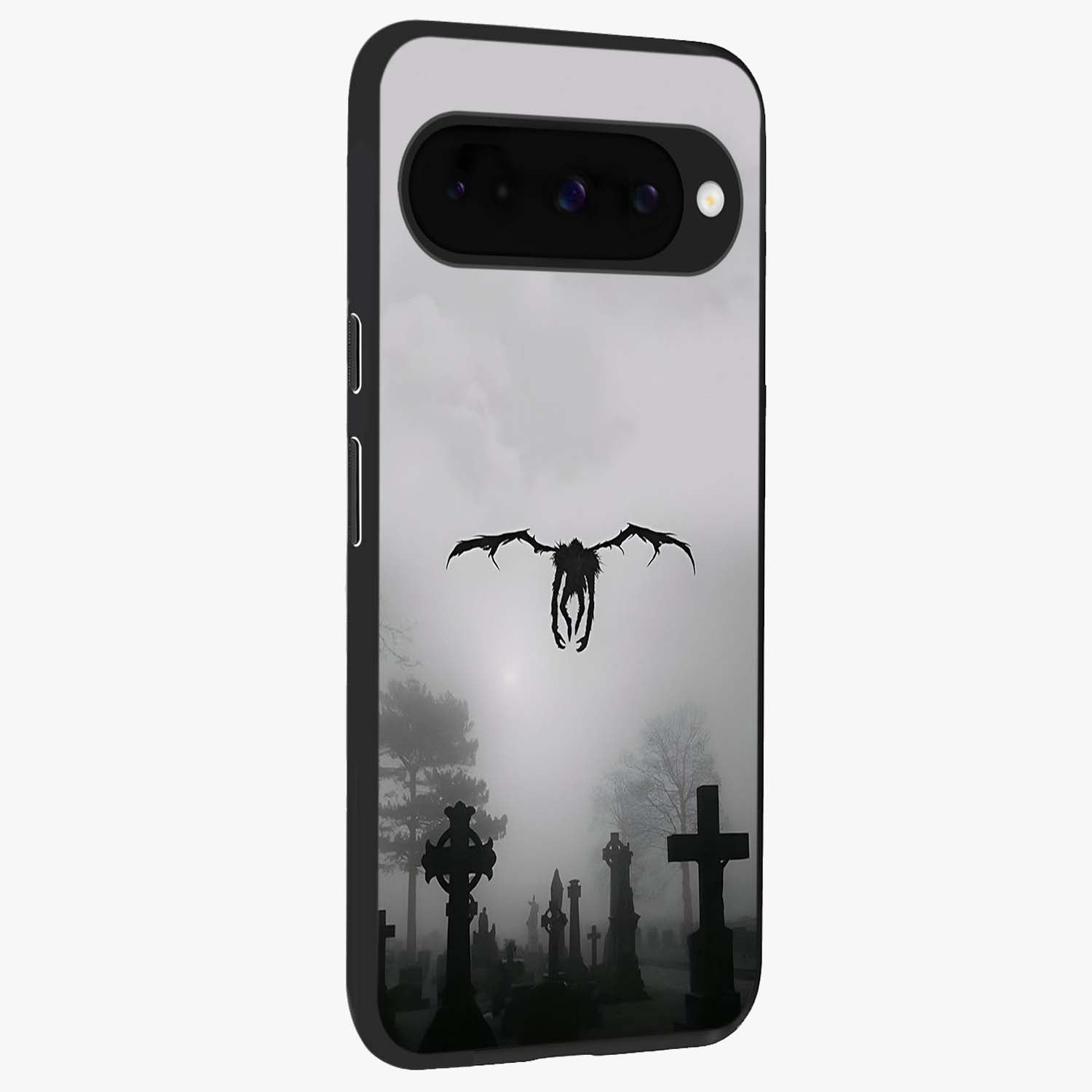 Graveyard Shadow Descent Glass Case upright view showcasing haunting graveyard artwork with dramatic dark theme.
