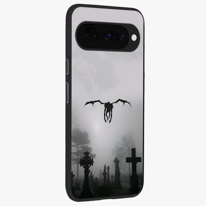 Graveyard Shadow Descent Glass Case upright view showcasing haunting graveyard artwork with dramatic dark theme.
