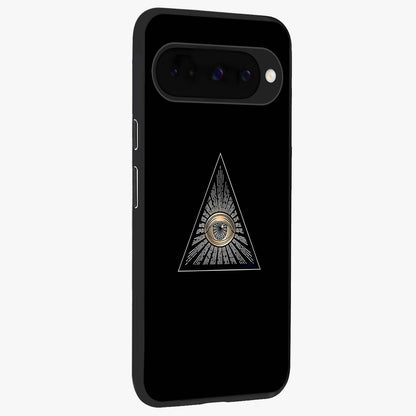 Illuminati Evil Glass Case upright view showcasing striking illuminati artwork with mysterious symbolic theme.