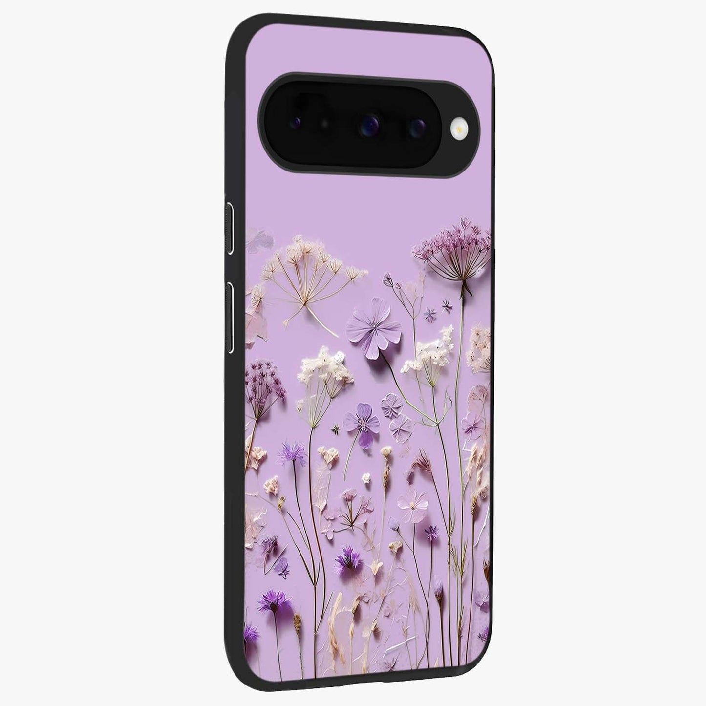 Lavender Blossom Dream Glass Case upright view showcasing delicate lavender blossom artwork with peaceful floral theme.