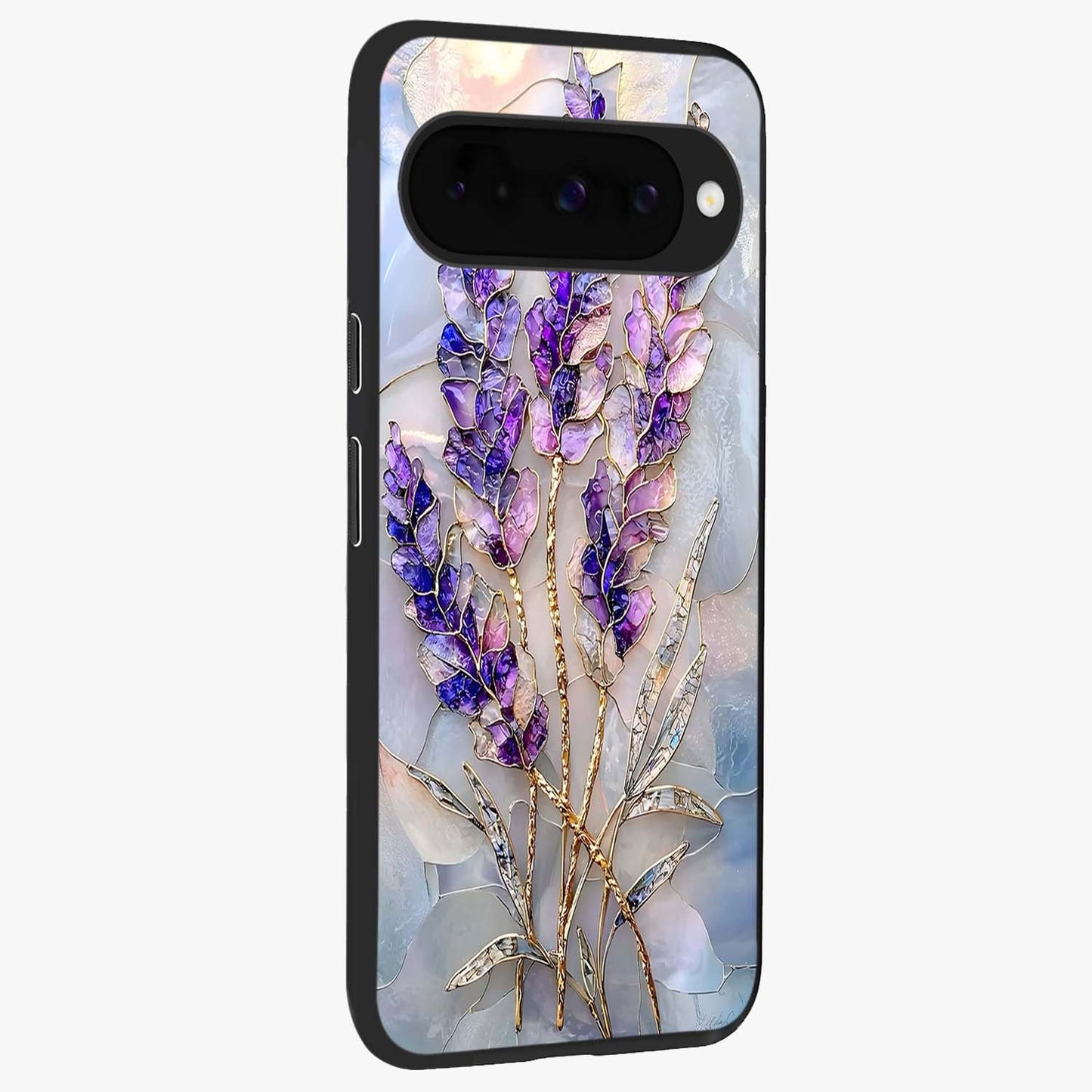 Lavender Dream Glow Glass Case upright view showcasing radiant lavender glow artwork with calming dreamy theme.