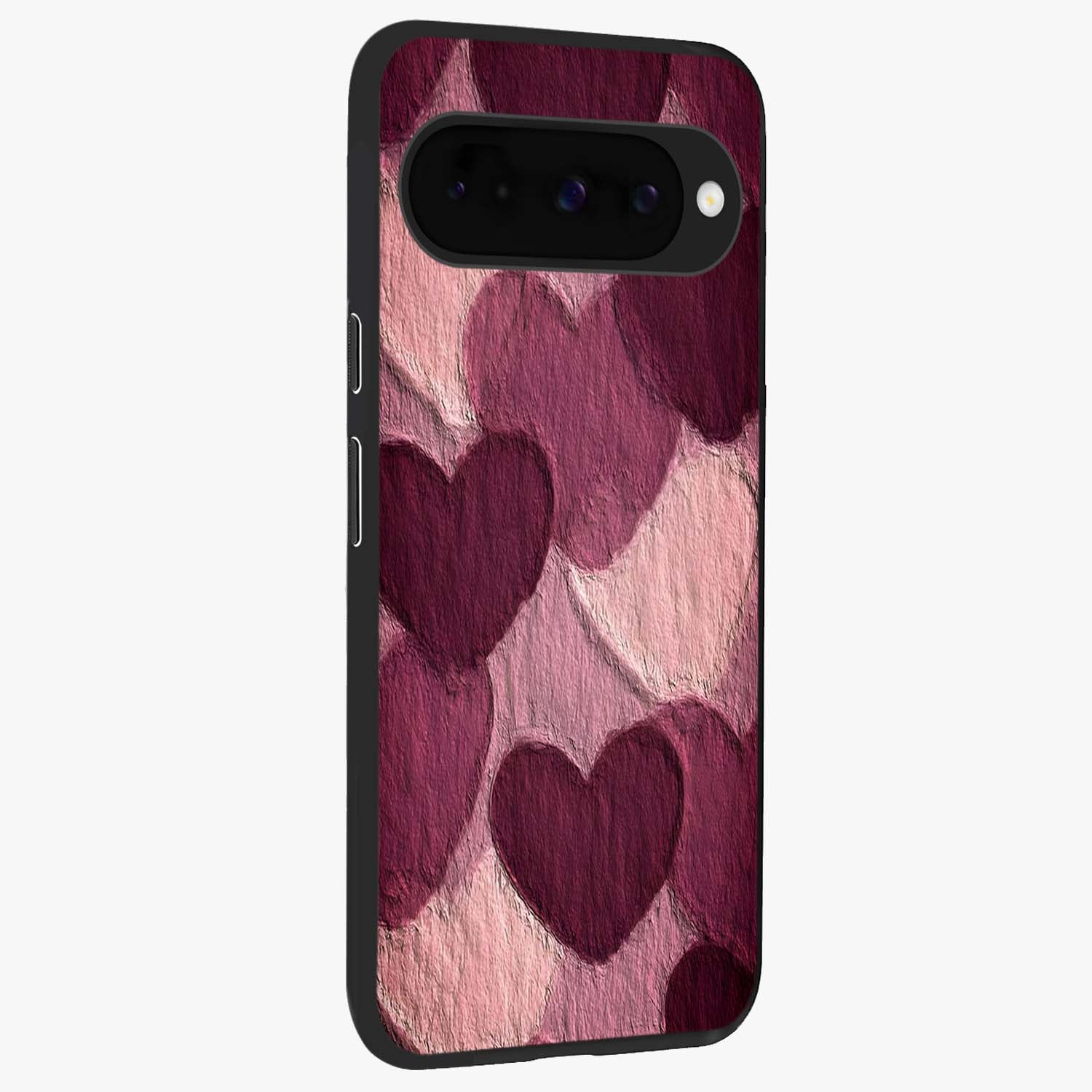 Layered Paper Hearts Glass Case upright view showcasing decorative layered heart artwork with sweet love theme.