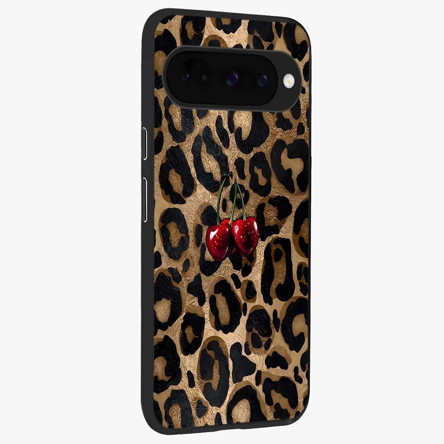 Leopard Wild Cherry Glass Case upright view showcasing stylish leopard pattern artwork with trendy fashion theme.
