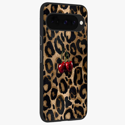 Leopard Wild Cherry Glass Case upright view showcasing stylish leopard pattern artwork with trendy fashion theme.