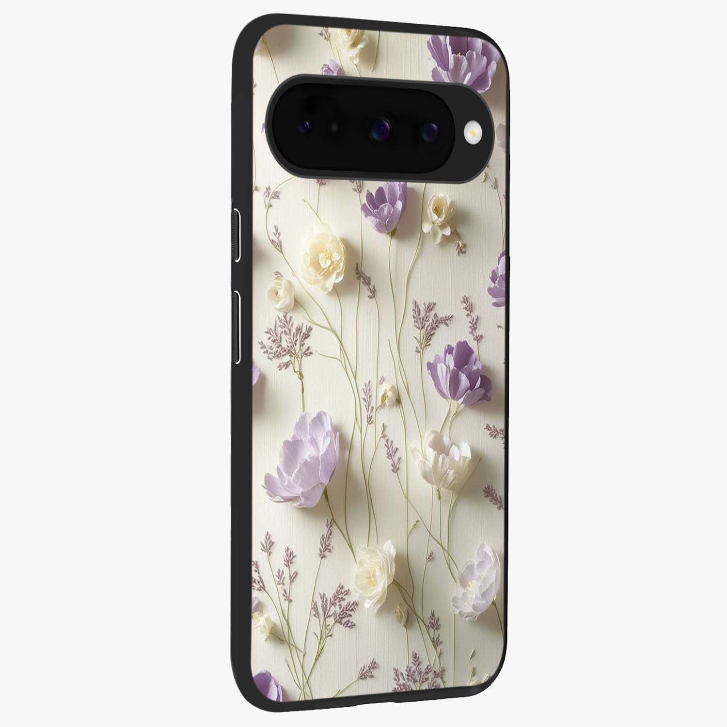 Lilac Breeze Harmony Glass Case upright view showcasing delicate lilac artwork with peaceful floral theme.