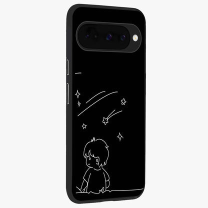 Line Art Boy With Shooting Stars Glass Case upright view showcasing artistic shooting star illustration with minimal style.