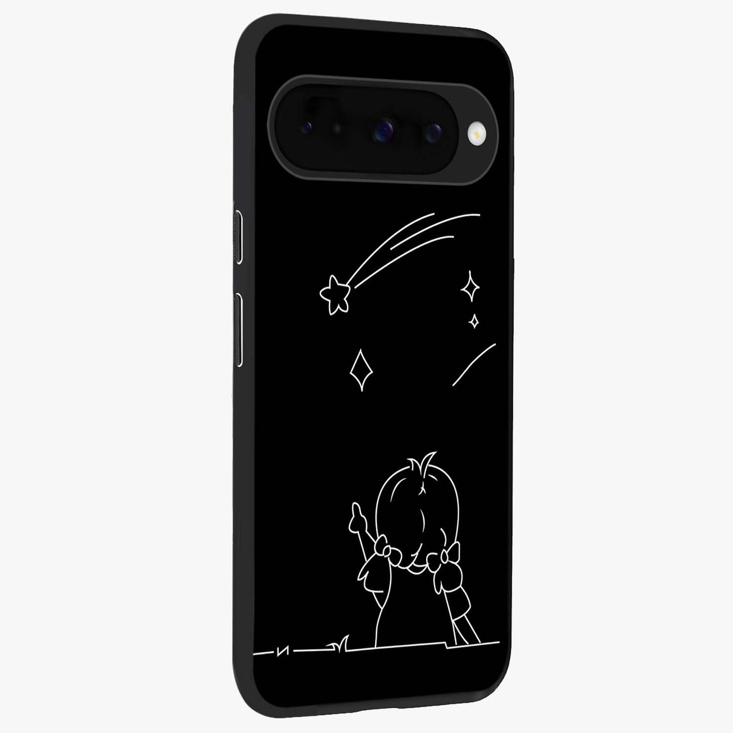 Line Art Girl With Shooting Stars Glass Case upright view showcasing delicate shooting stars artwork with minimal artistic theme.
