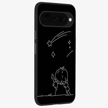 Line Art Girl With Shooting Stars Glass Case upright view showcasing delicate shooting stars artwork with minimal artistic theme.