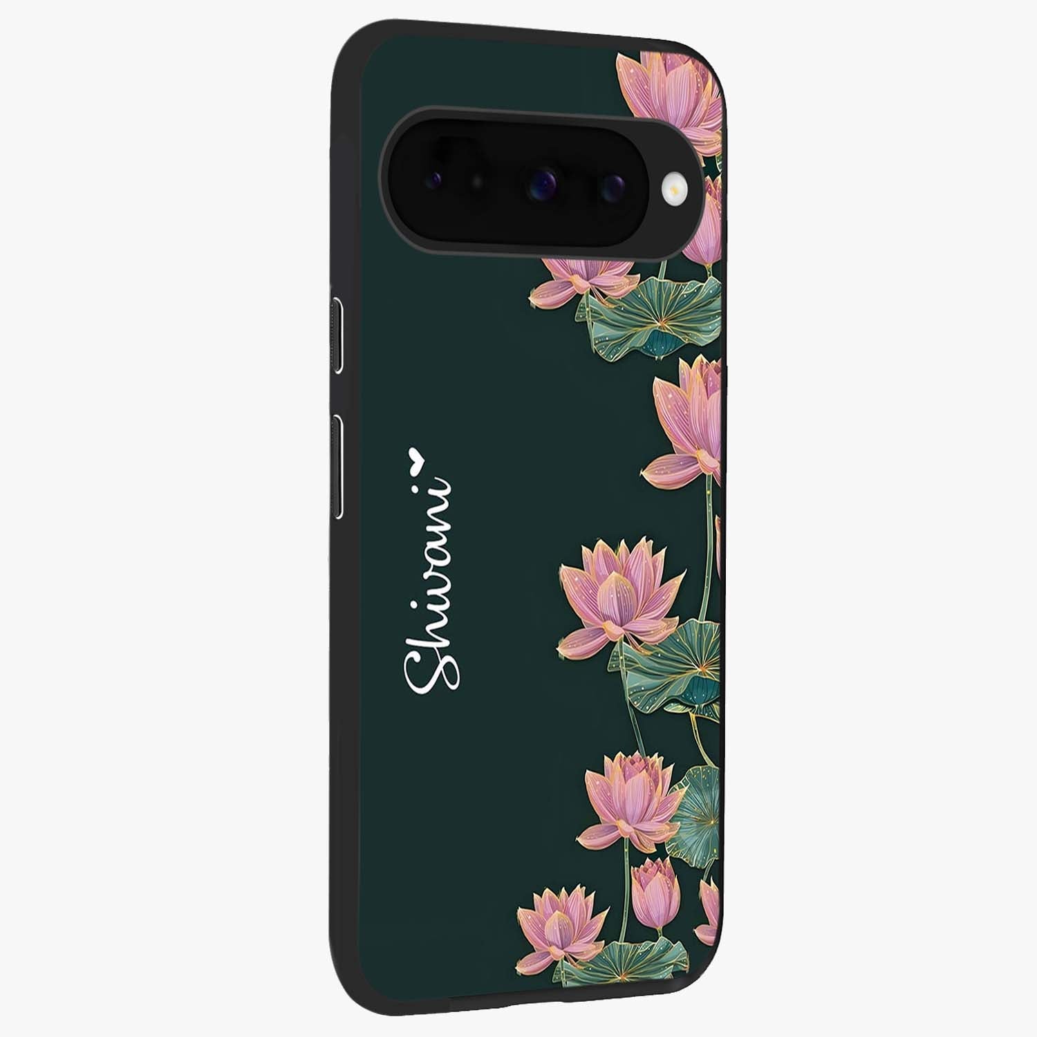 Lotus Bloom Serenity Custom Name Glass Case upright view showcasing serene lotus bloom artwork with personalized floral aesthetic.