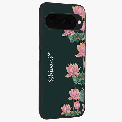 Lotus Bloom Serenity Custom Name Glass Case upright view showcasing serene lotus bloom artwork with personalized floral aesthetic.